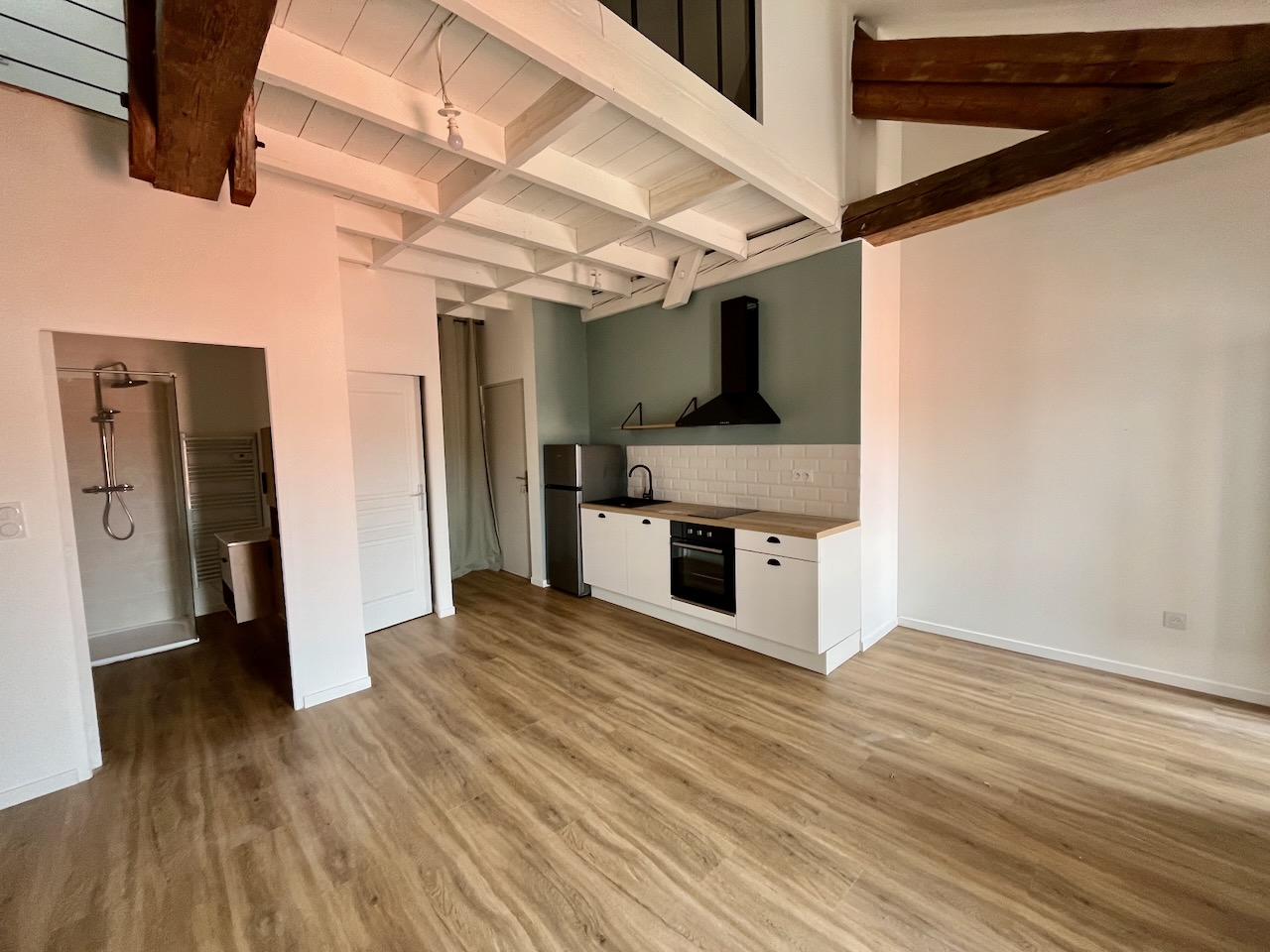Photo Sainte Livrade sur Lot, cette résidence de 12 logements a été entièrement rénovée avec une finition de grande qualité. Cet appartement duplex T3 de 75,55 m² est situé au 2ème étage. Il a un séjour lumineux avec cuisine équipée avec des beaux volumes, sall image 3/6