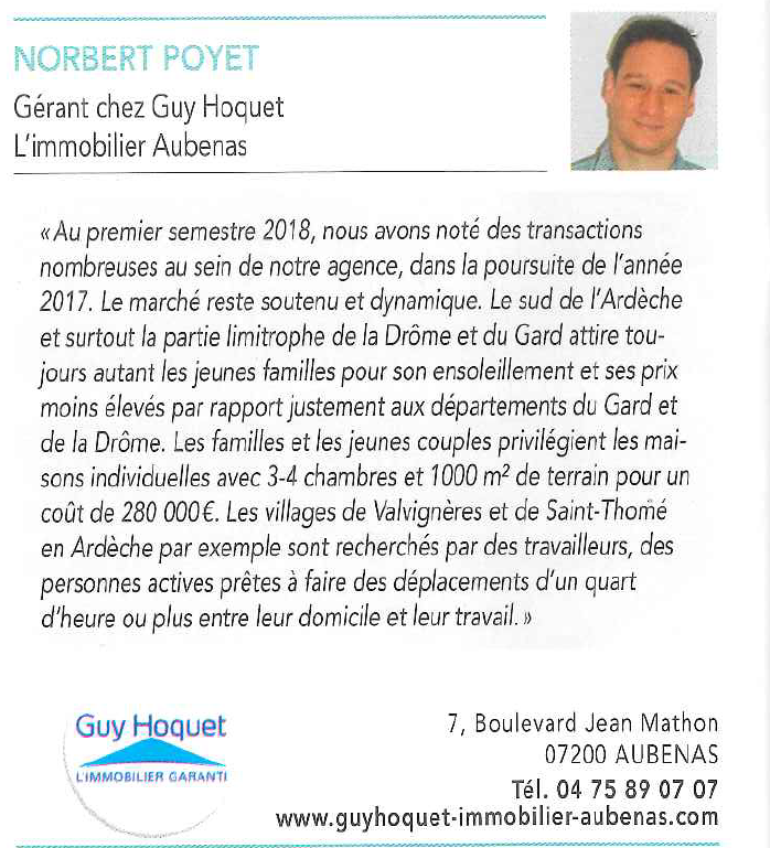 Norbert POYET, Responsable de l'Agence Guy Hoquet l'Immobilier d'Aubenas, nous parle du marché Immobilier