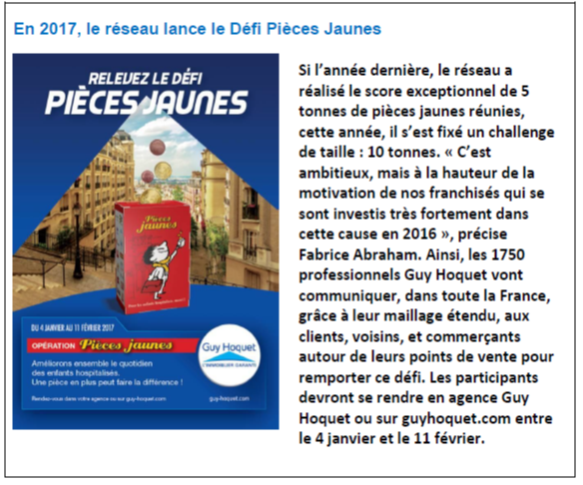 Guy Hoquet renouvelle son partenariat avec l'Opération Pièces Jaunes en 2017