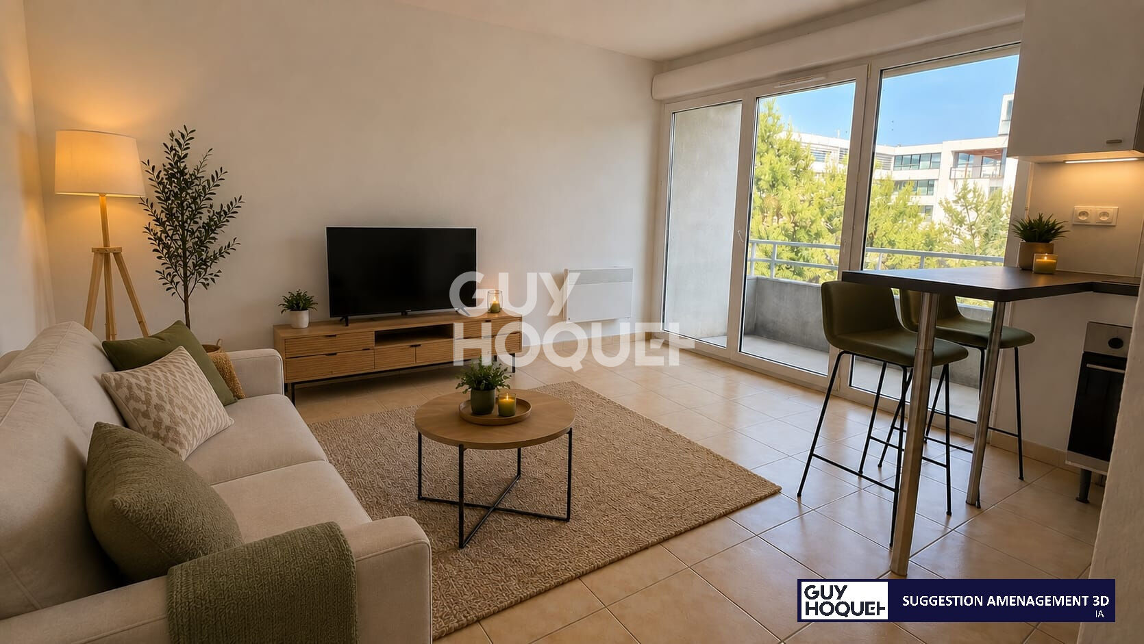 Lumineux T2 de 42m2 avec terrasse, garage, gardien et piscine.