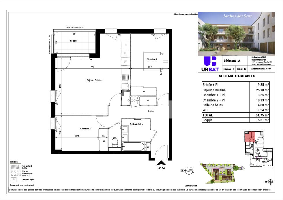 Appartement type 3 - 68 m² SERPAIZE 1er étage