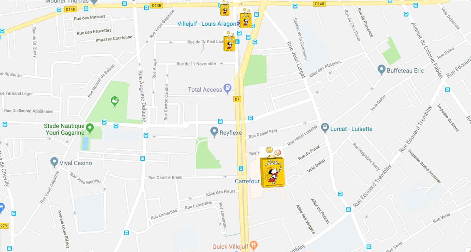 Emplacement des tirelires Pièces Jaunes chez vos commerçants  quartier Centre commercial Carrefour