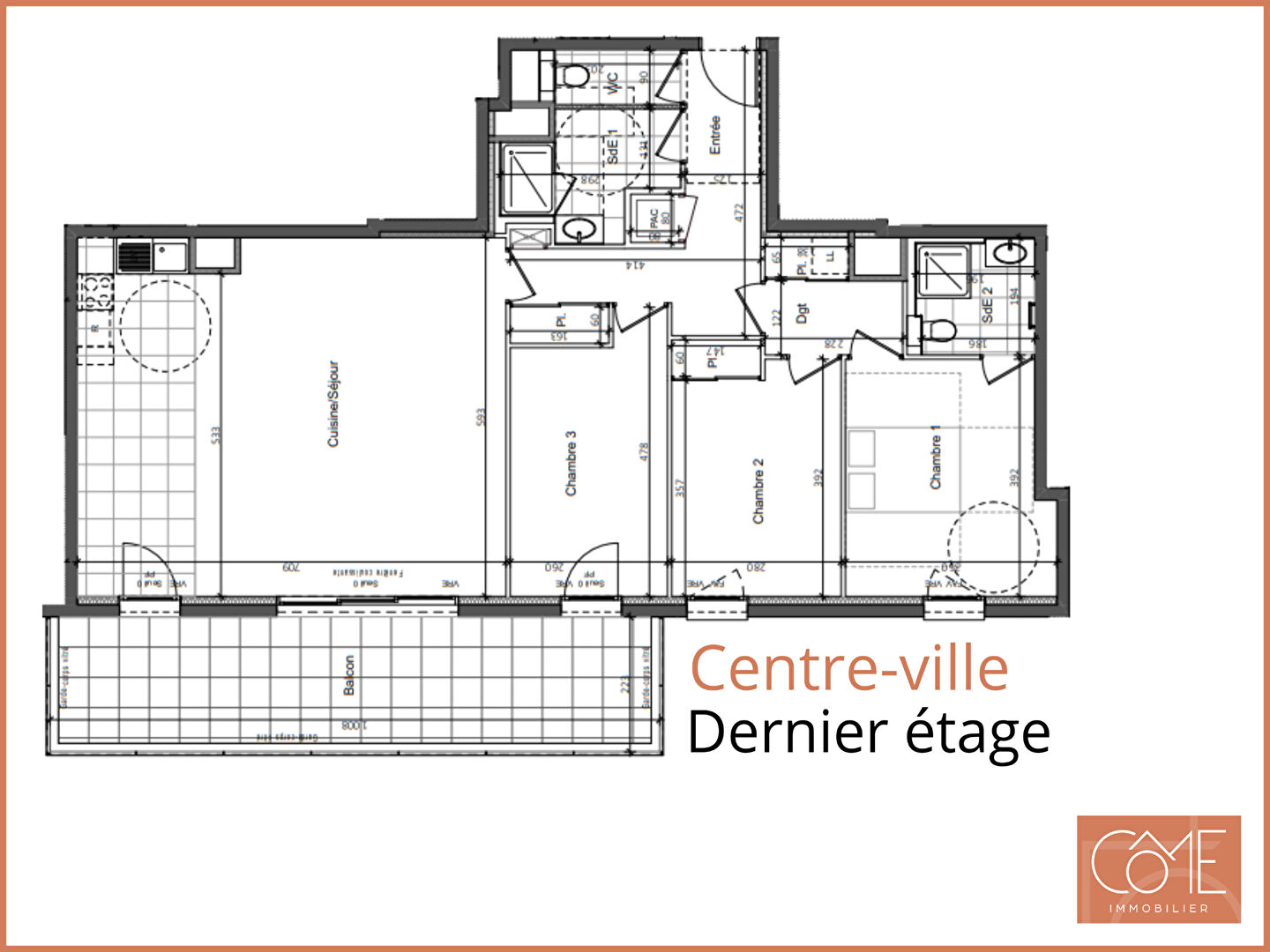 TYPE 4 101m² - TERRASSE DE 23m² - DERNIER ÉTAGE - OUEST - CENTRE-VILLE - SAINT-GRÉGOIRE