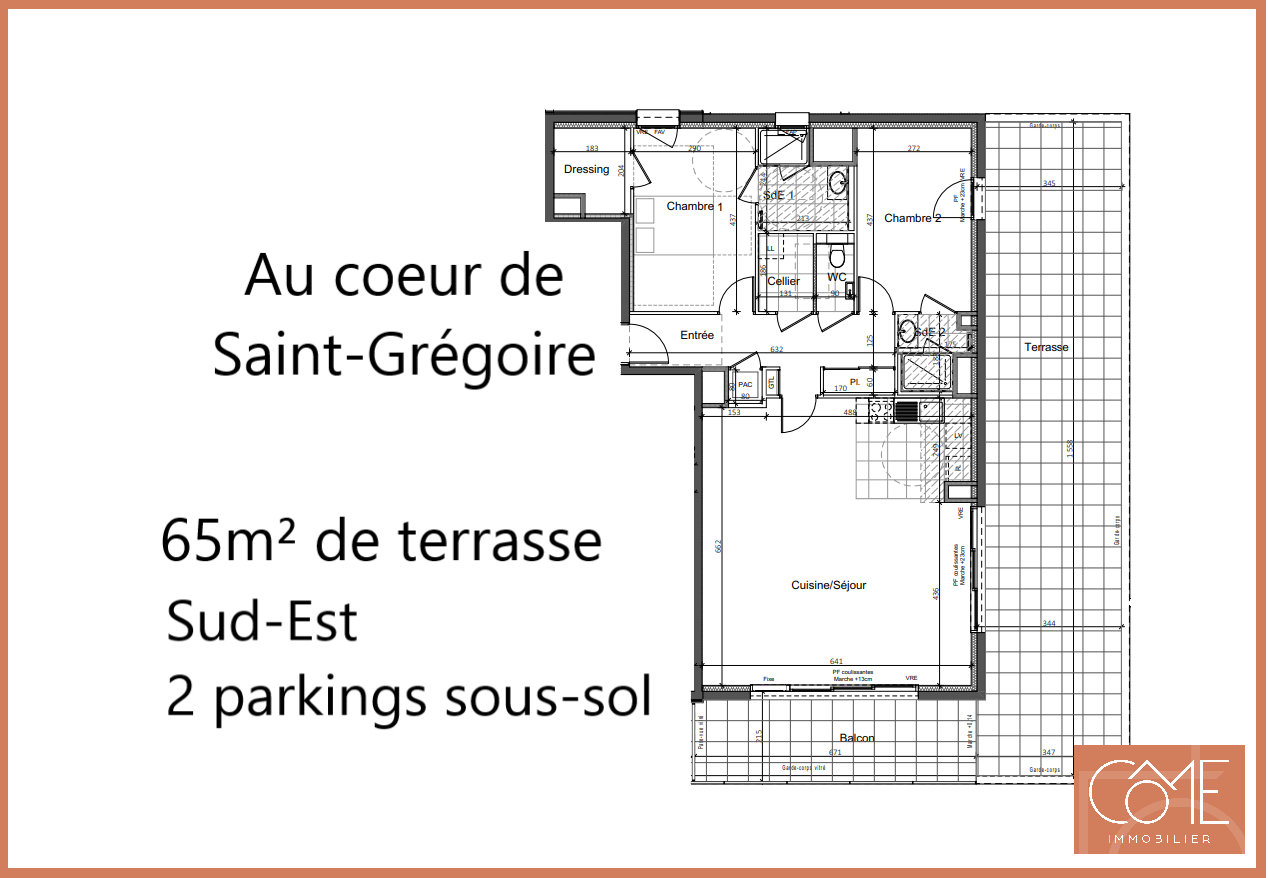 GRAND TYPE 3 de 92,40m² - TERRASSE DE 65m² - AVANT-DERNIER ÉTAGE - SUD-EST- CENTRE-VILLE - SAINT-GRÉGOIRE