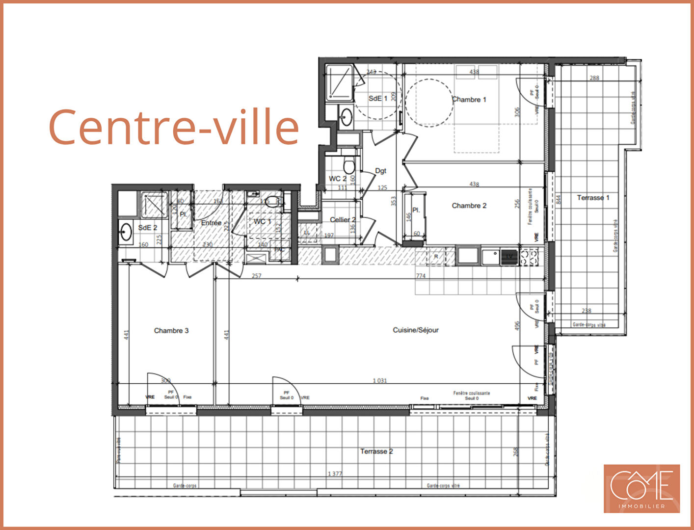 TYPE 4  - 110m² - TERRASSES DE 34m² et 20m² - SUD et EST - CENTRE-VILLE - SAINT-GRÉGOIRE