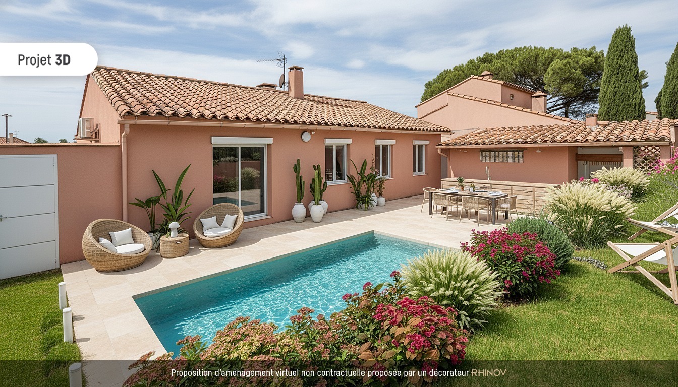 Villa plain pied en 3 faces, 5 pièces, avec jardin.