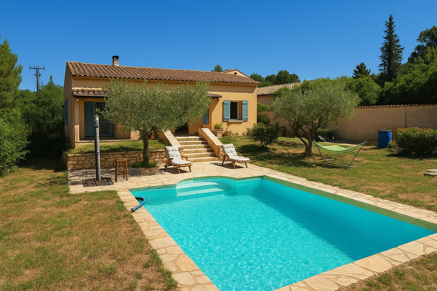 Villa 3 chambres de plain pied avec piscine sur joli terrain proche centre village