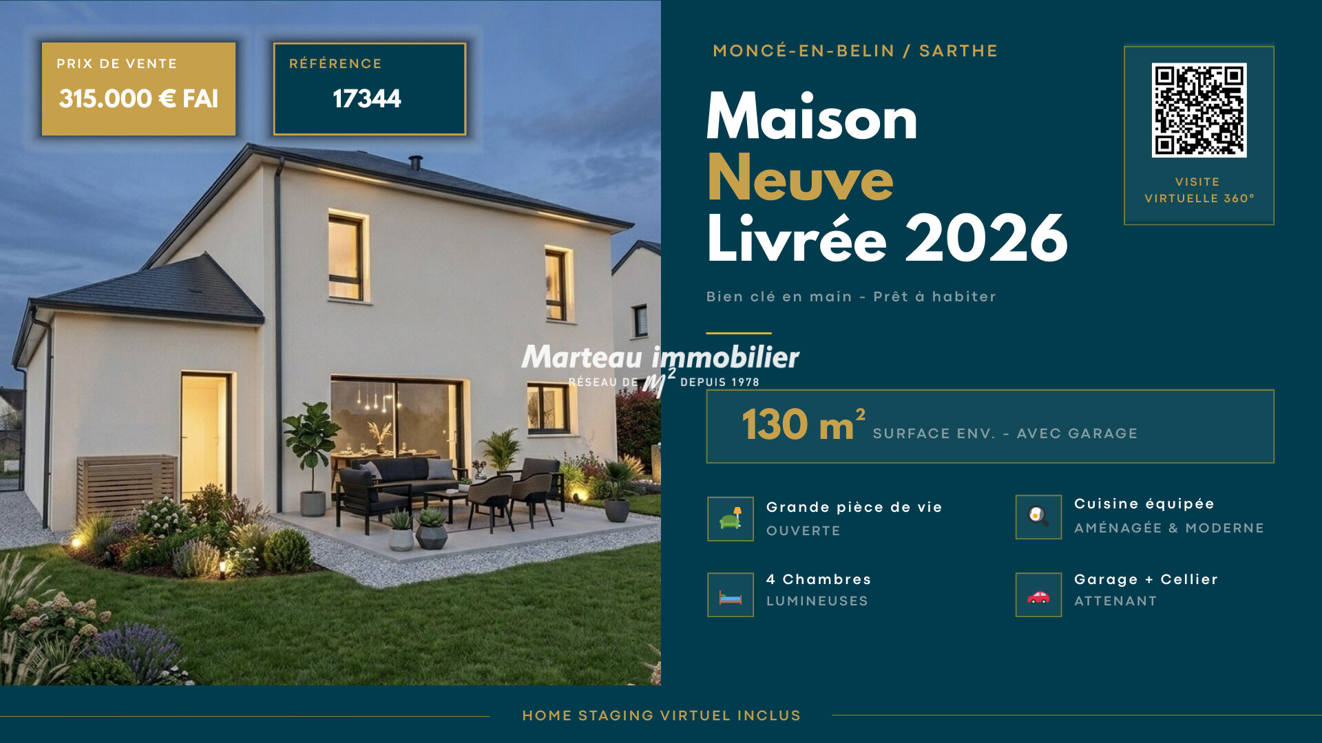 NOUVEAUTÉ - Maison Neuve livrée 2026 - 4 Chambres - Jardin 400 m2 - Classe énergétique A - Disponible Immédiatement.