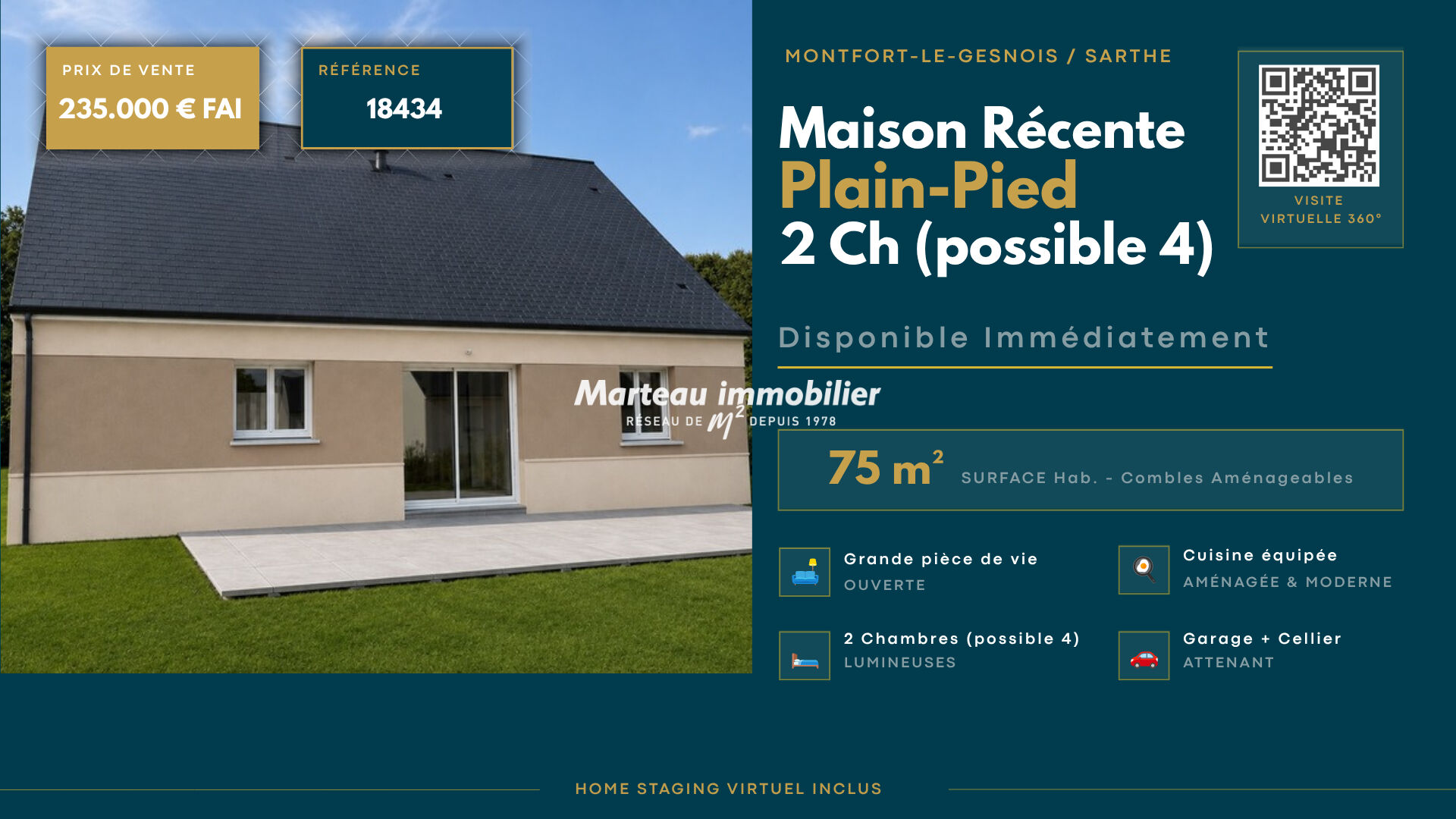RARE - Maison Récente - Plain-Pied, 2 Chambres, (possible 4) - Disponible Immédiatement.