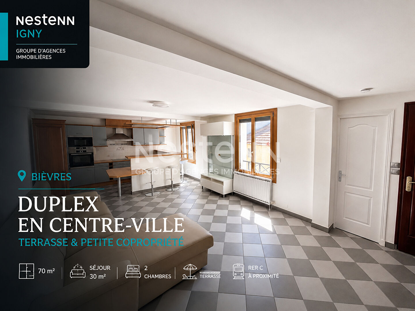 Nestenn Igny - Duplex 70 m² Bièvres centre-ville - Séjour 30 m² - Terrasse - Cave - Petite copropriété - RER C / Ligne V - Plateau de Saclay -Vélizy - Massy