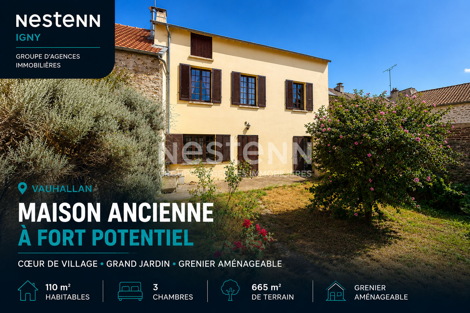 NESTENN IGNY - Maison Vauhallan Centre - 110 m² - 3 chambres - Terrain 665 m² - Jardin - Grenier aménageable - Maison à rénover - Proche Igny, Massy, Plateau de Saclay, RER C, N118