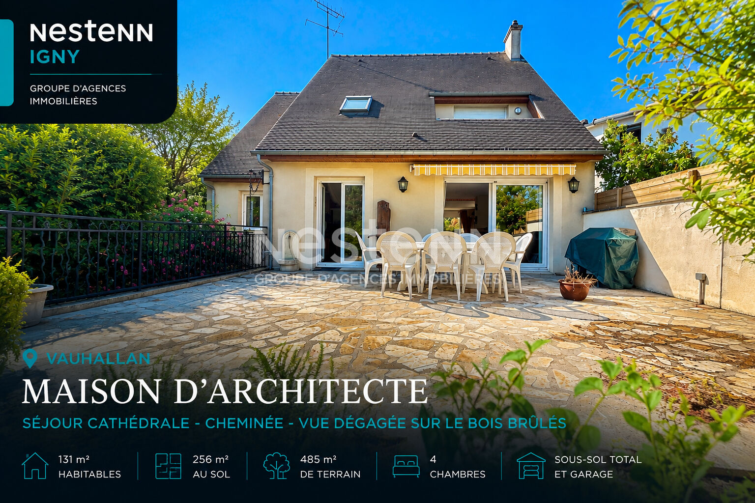 Nestenn Igny - Maison d'architecte à Vauhallan - 131 m² habitables - 4 chambres - séjour cathédrale - cheminée - sous-sol total - terrain arboré 485 m² - vue panoramique - chauffage gaz - DPE C