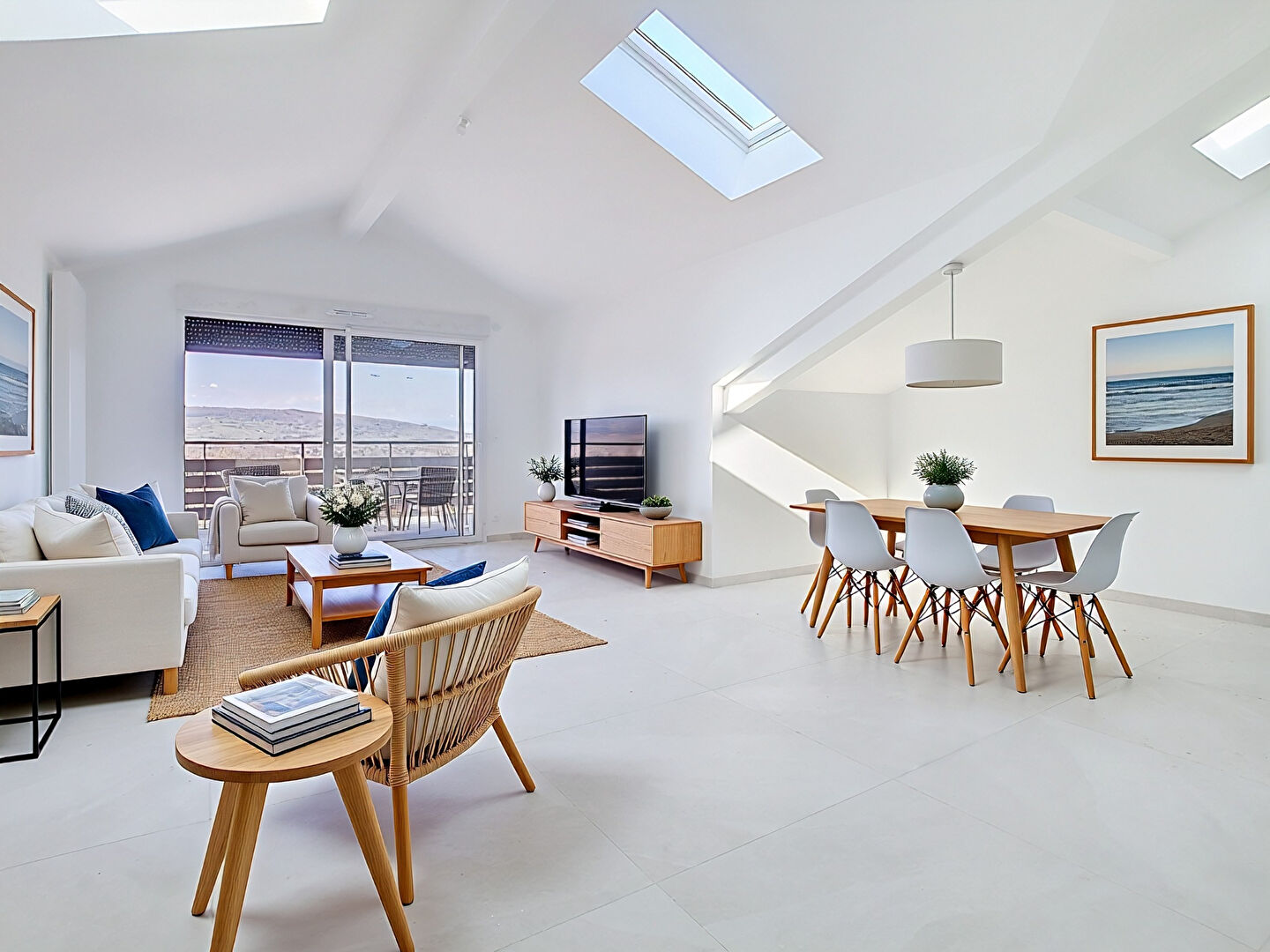 Bright interior of a property in Haute-Savoie, featuring a living area with skylights and modern furnishings.