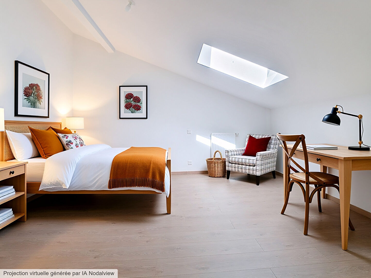 Bright bedroom with three beds, desk, and skylight in Haute-Savoie, Auvergne-Rhône-Alpes, 74890, France.