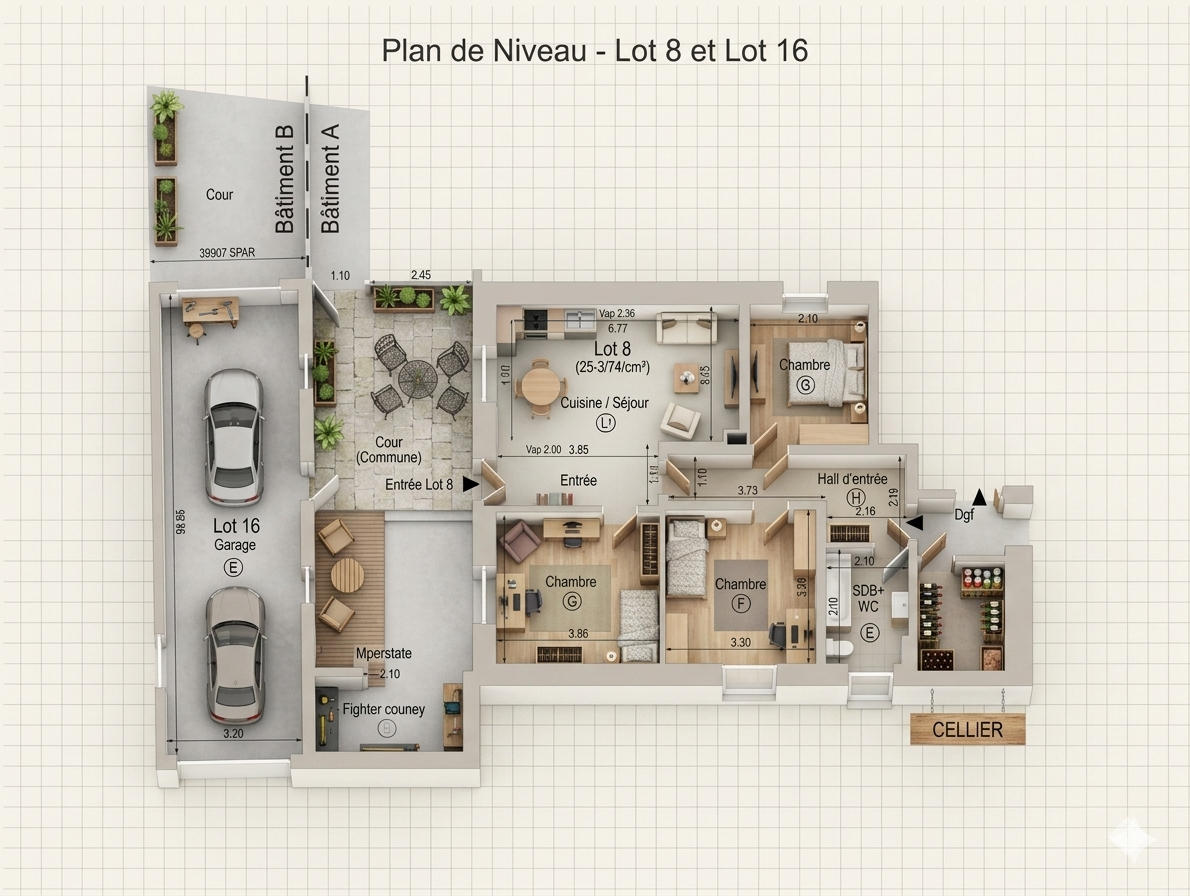 Three-bedroom property layout in Haute-Savoie, Auvergne-Rhône-Alpes, featuring garage and communal courtyard.