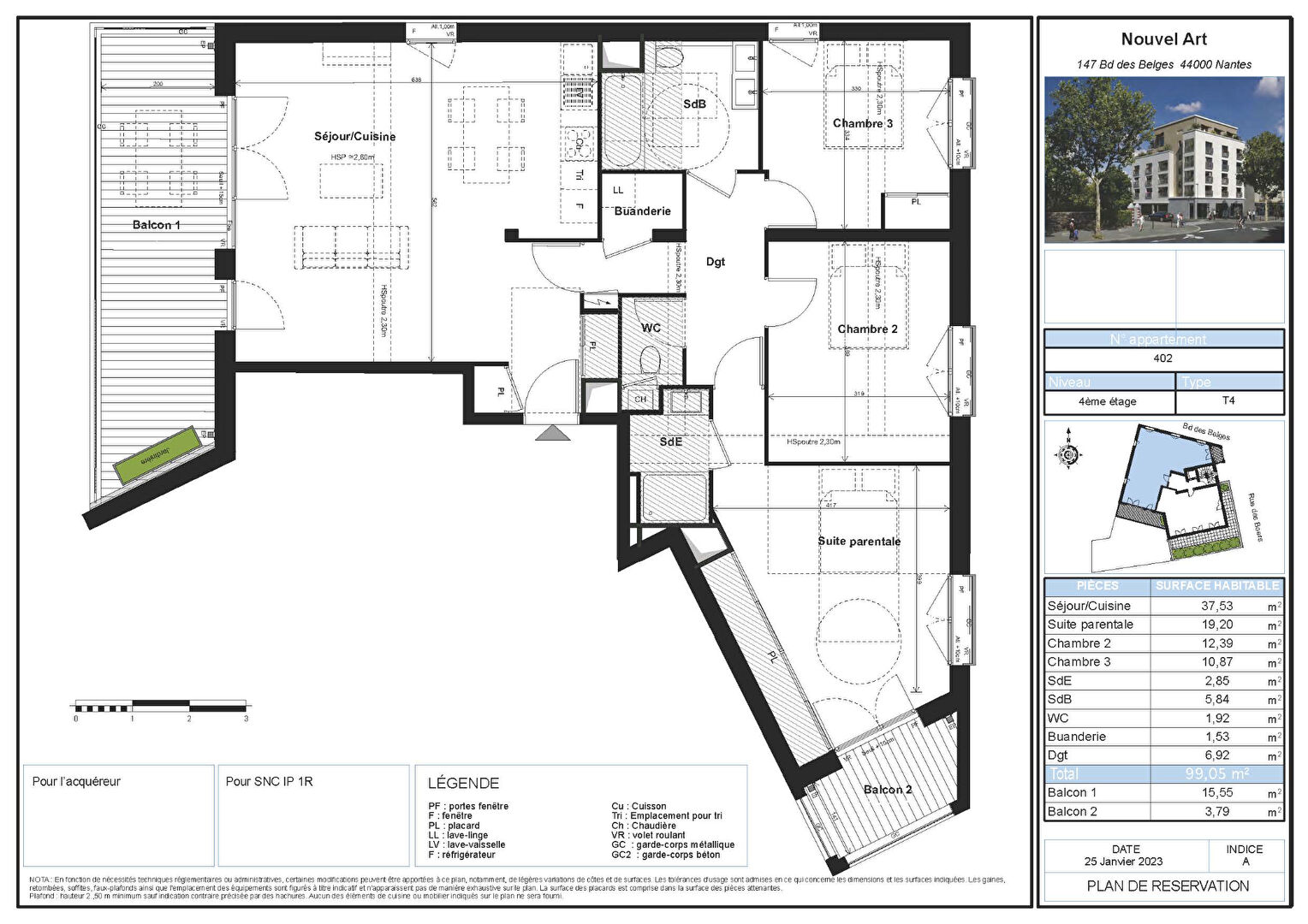 Photo Appartement Nantes 4 pièce(s) 99.05 m2 BALCON DE 15.55M² + BALCON 3.79 image 2/3