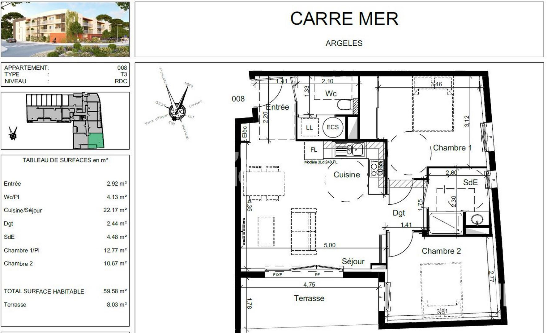 Argeles sur mer (66700) Programme neuf, livraison dans quelques mois - T3  59 m² + 8 m² de terrasse+ 2 parking