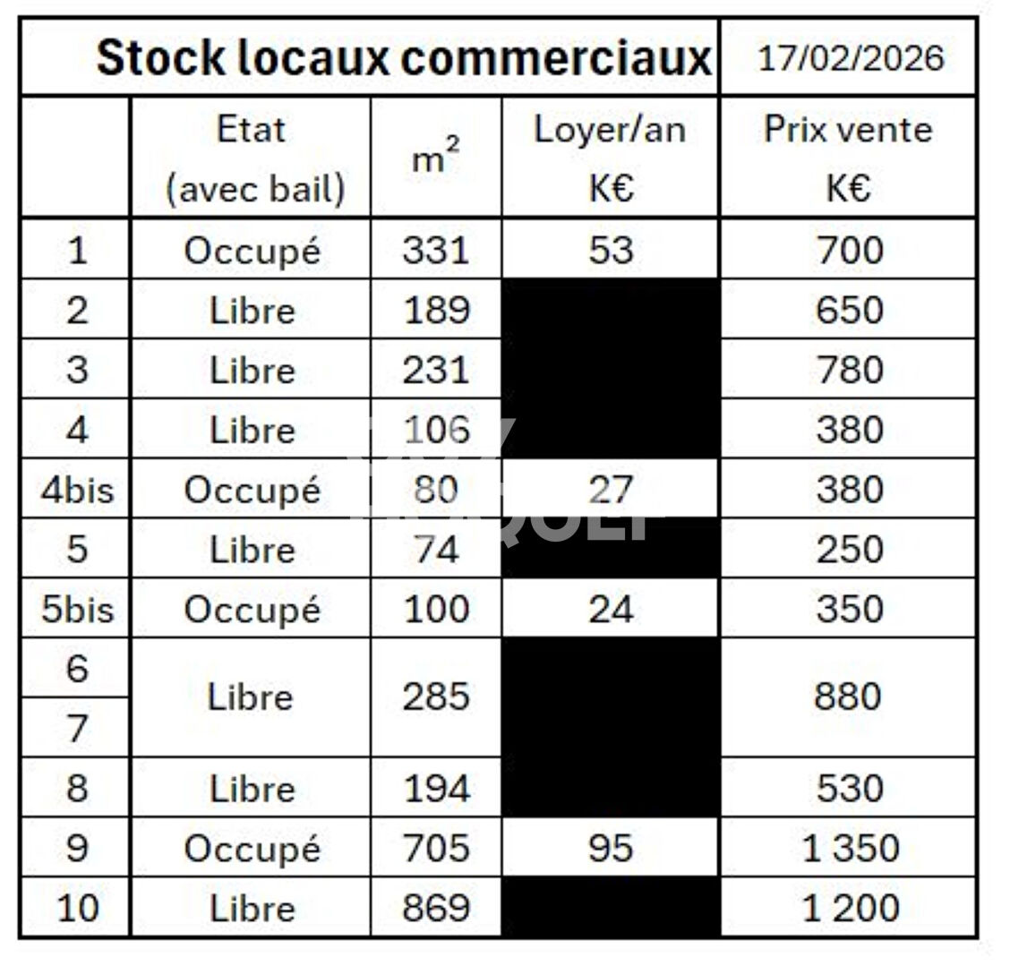 A VENDRE : 11 locaux commerciaux occupés/non occupés