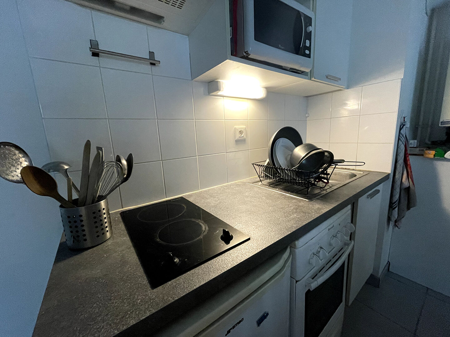 Photo Dans une résidence récente avec ascenseur, appartement deux pièces en bon état. Pièce de vie avec kitchenette, chambre et grande salle de douche. Balcon et pkg. image 2/2