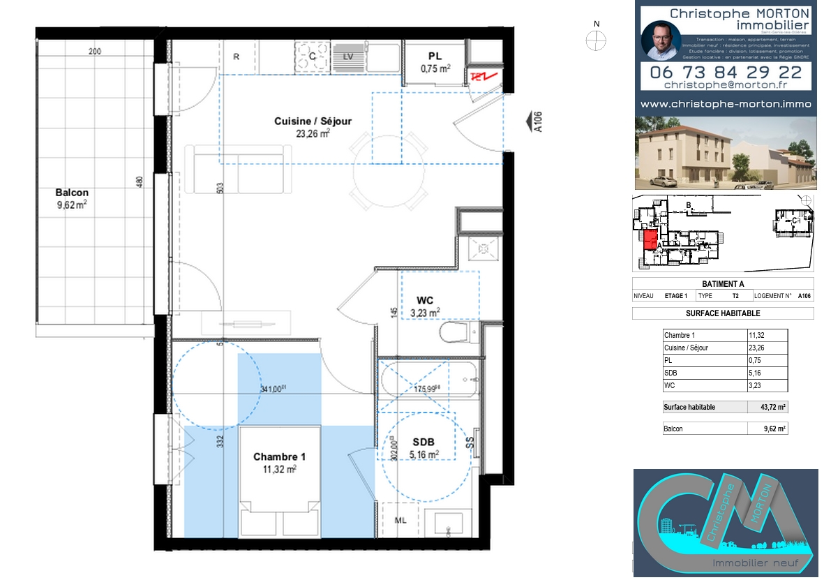 À VENDRE - appartement orientation Ouest - T2 - 43,72m² - 69290 Craponne