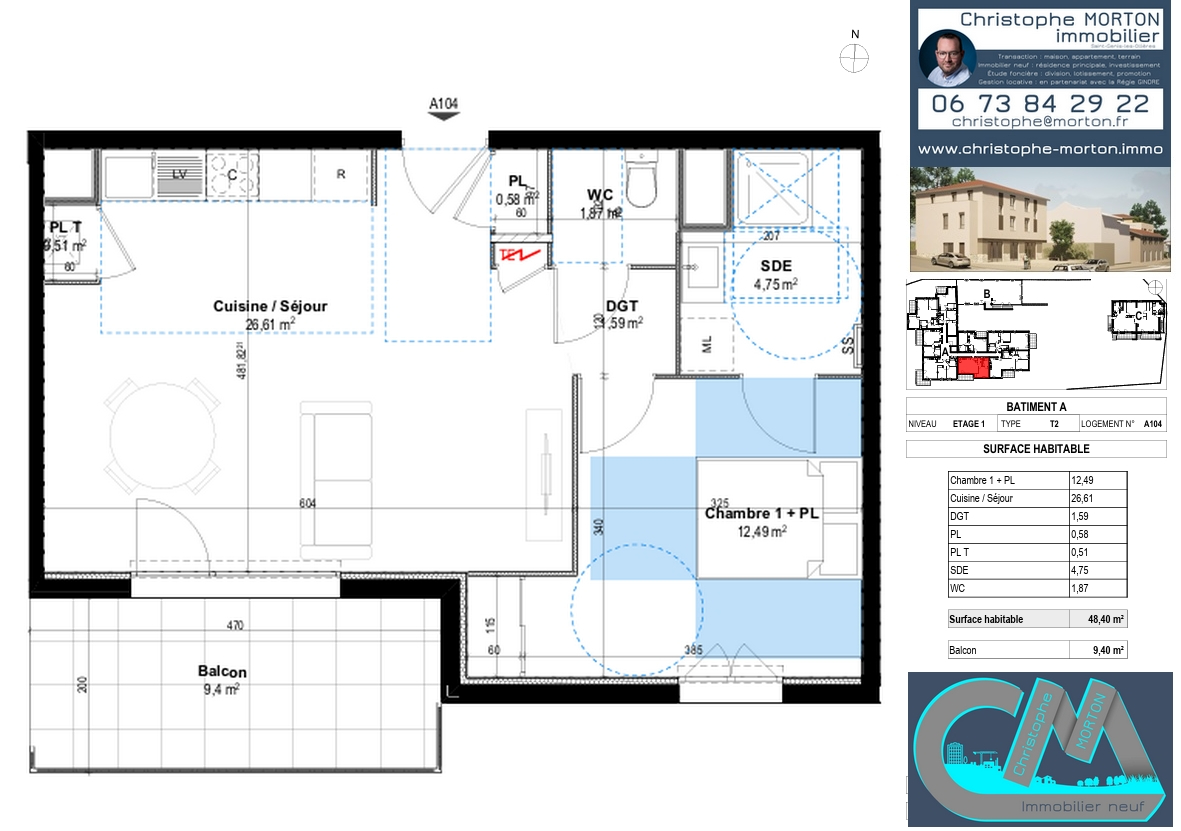 À VENDRE - appartement orientation Sud - T2 - 48,40m² - 69290 Craponne