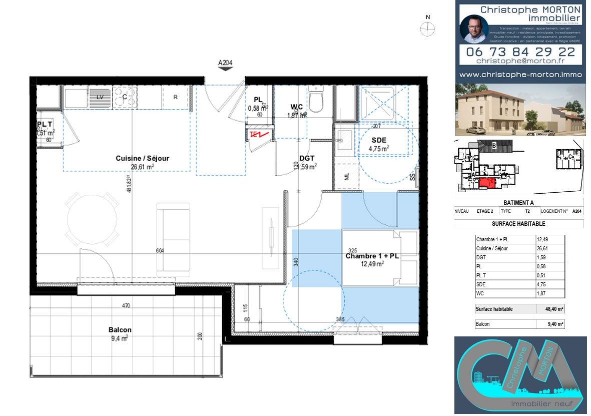 À VENDRE - appartement orientation Sud - T2 - 48,40m² - 69290 Craponne