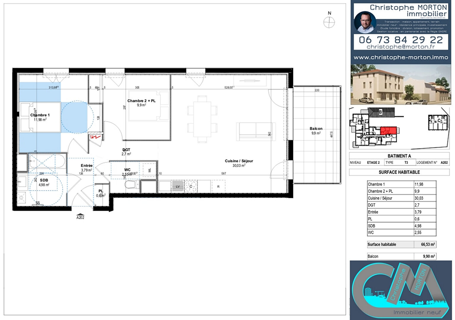 À VENDRE - appartement double exposition - T3 - 66,53m² - 69290 Craponne