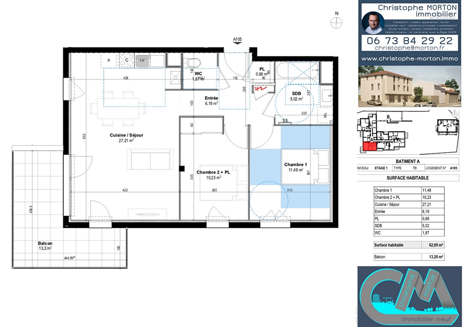 À VENDRE - appartement orientation Sud Ouest - T3 - 62,69m² - 69290 Craponne
