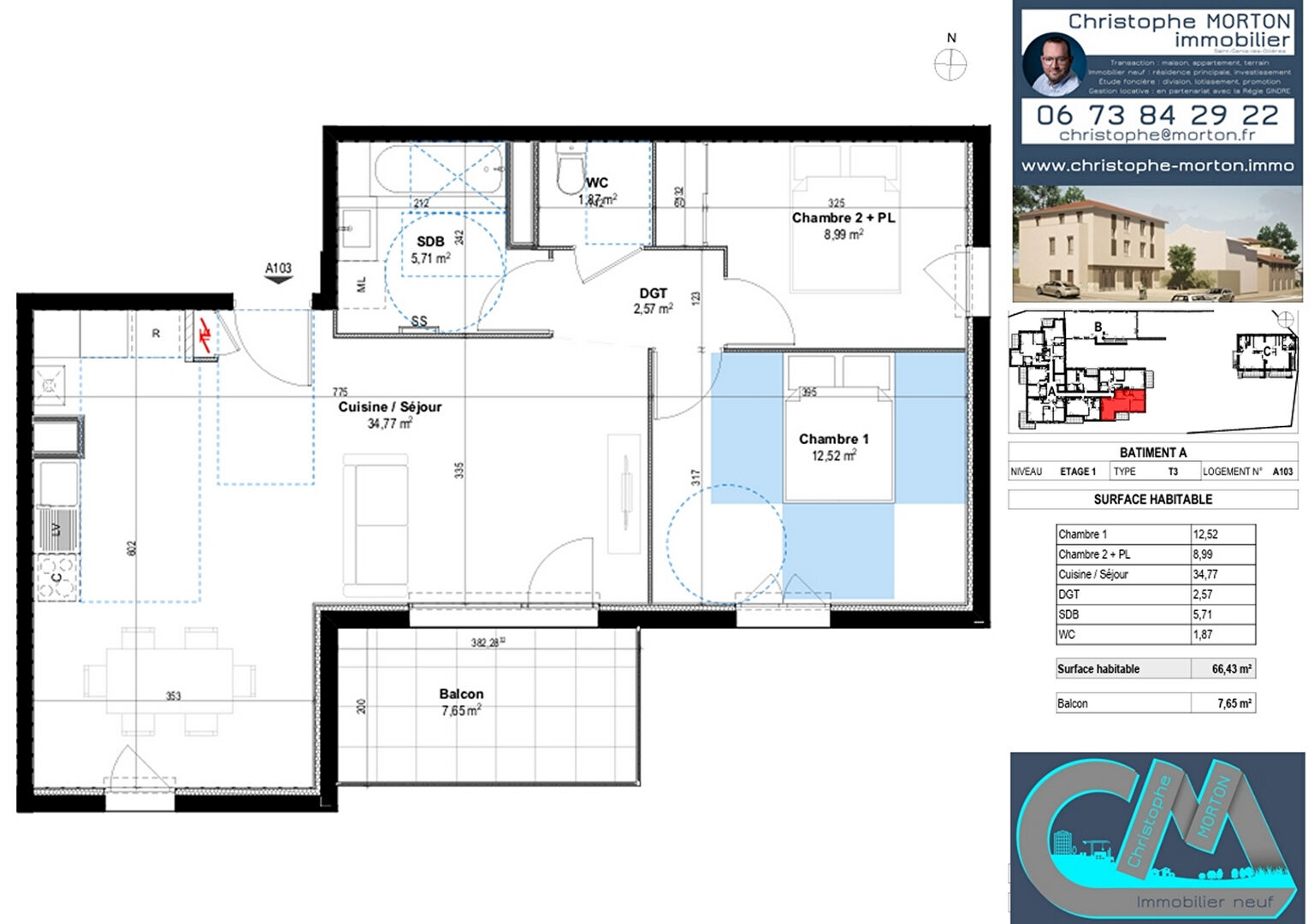À VENDRE - appartement orientation Sud Est - T3 - 66,43m² - 69290 Craponne