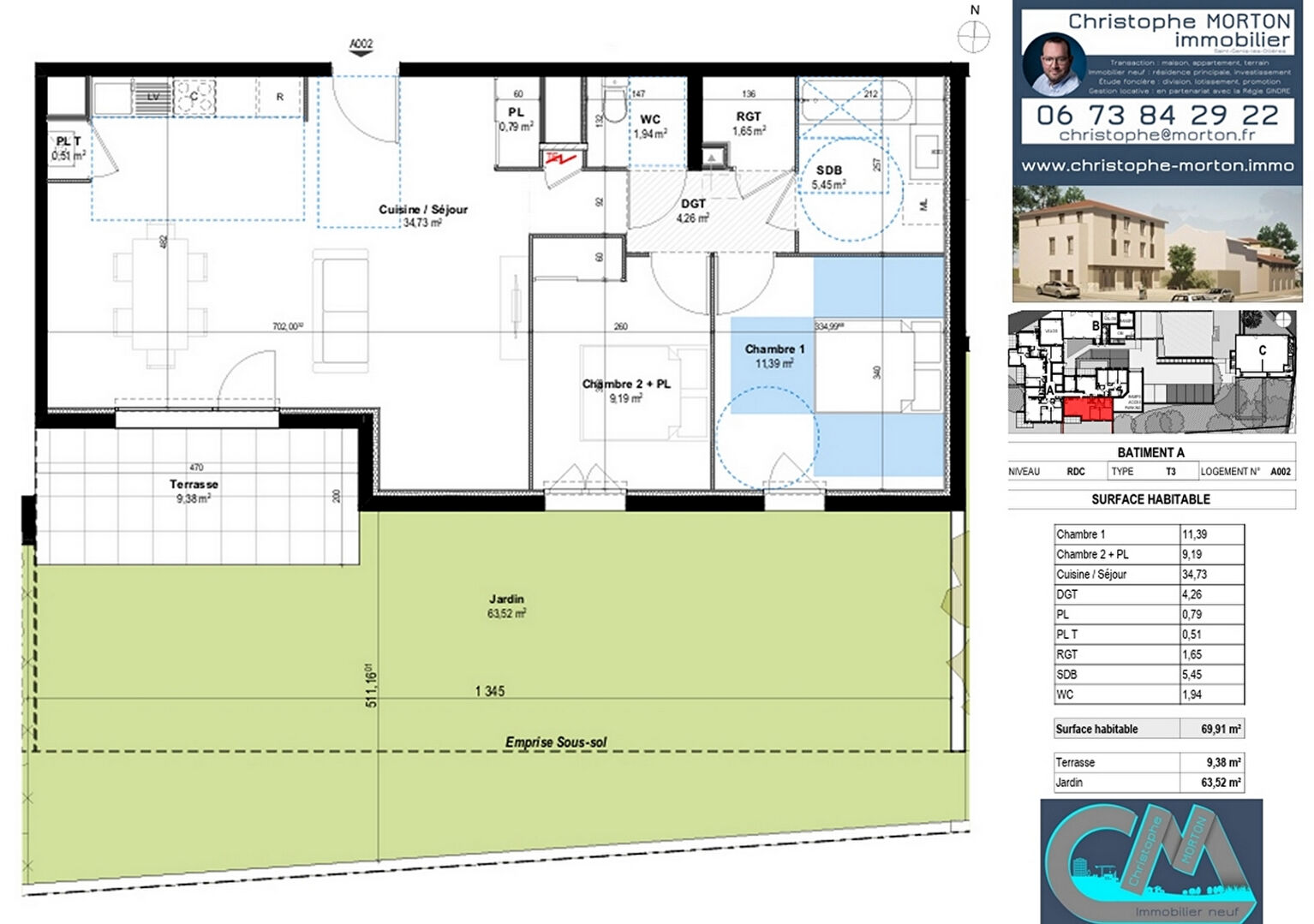 À VENDRE - appartement orientation Sud - T3 - 69,91m² - 69290 Craponne