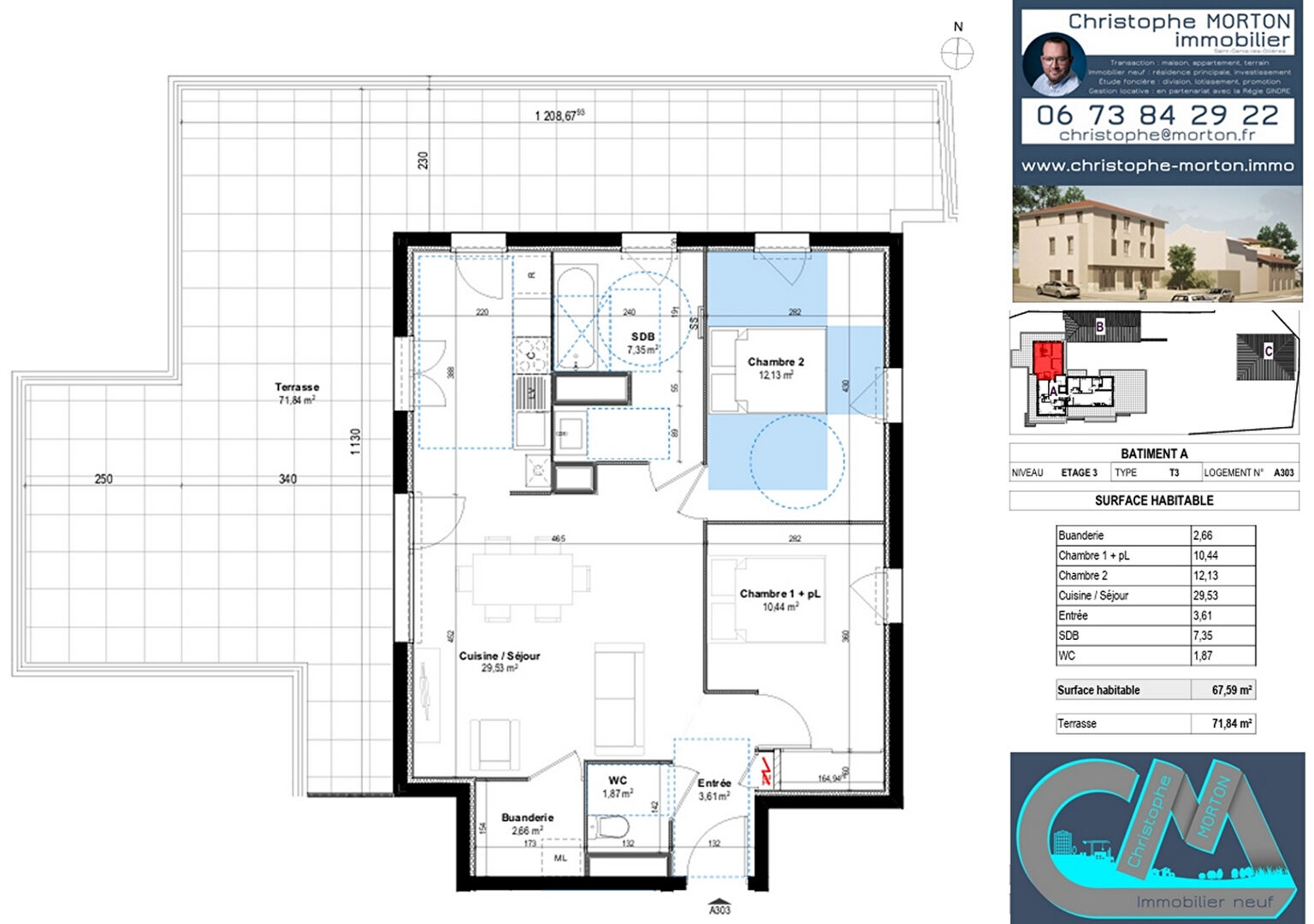 À VENDRE - appartement traversant Est Ouest - T3 - 67,59m² - 69290 Craponne