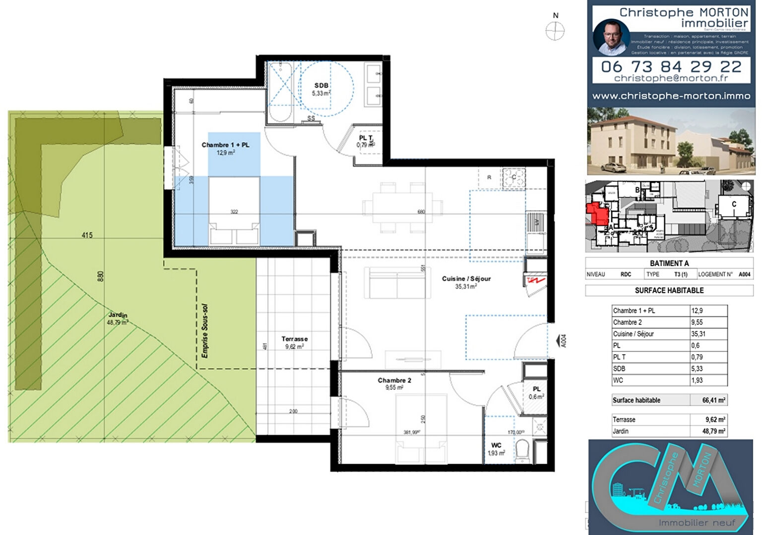 À VENDRE - appartement orientation Ouest - T3 - 66,41m² - 69290 Craponne