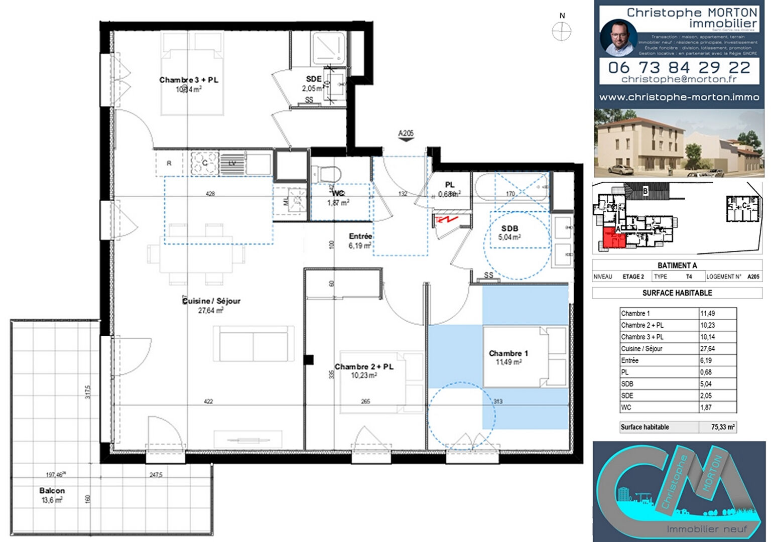 À VENDRE - appartement orientation Sud Ouest - T4 - 75,33m² - 69290 Craponne