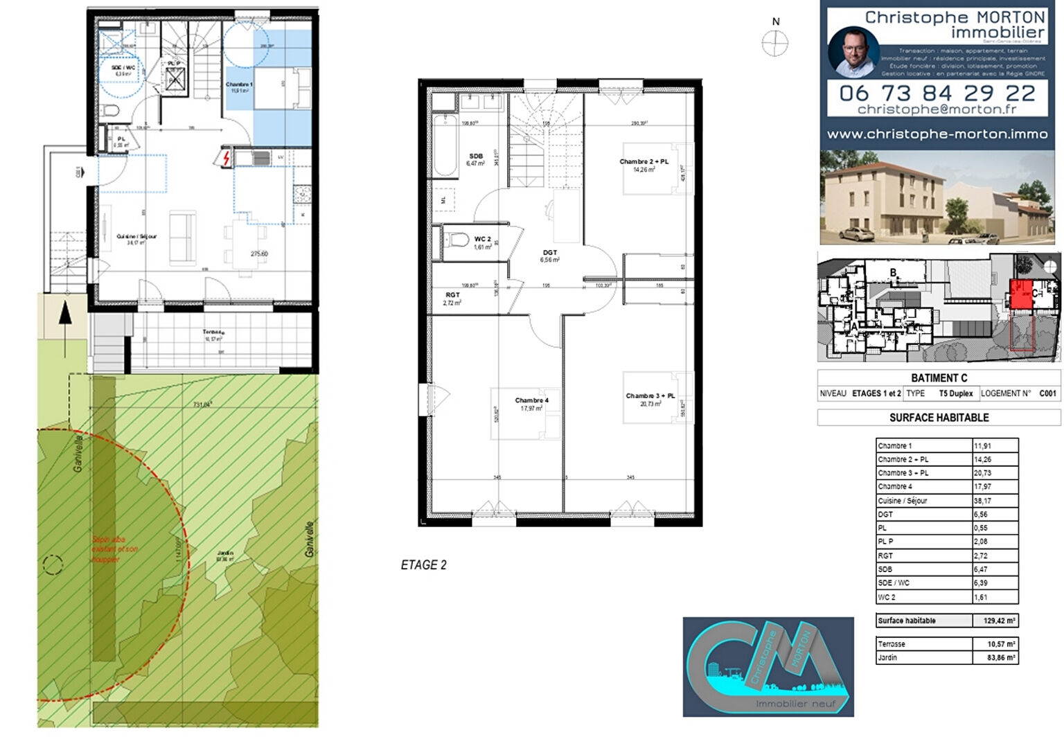 À VENDRE - appartement traversant Sud Nord - T5 Duplex- 129,42m² - 69290 Craponne