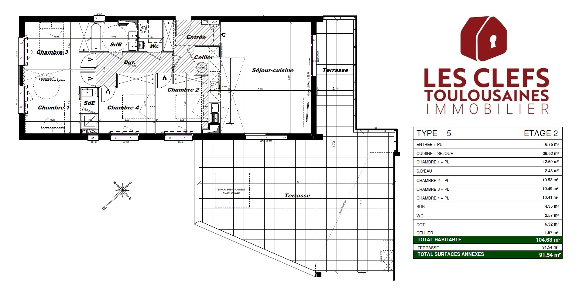 Appartement Auzeville Tolosane 5 pièces de 105m² + 92m² de Terrasse + 2 Parking sous-sol !