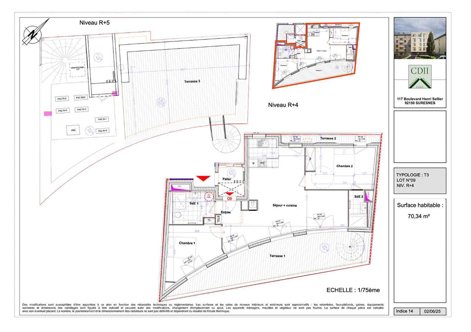 Photo Duplex dernier étage 70,34m2 avec terrasses de 69m2 dont rooftop de 40,37m2 image 1/3