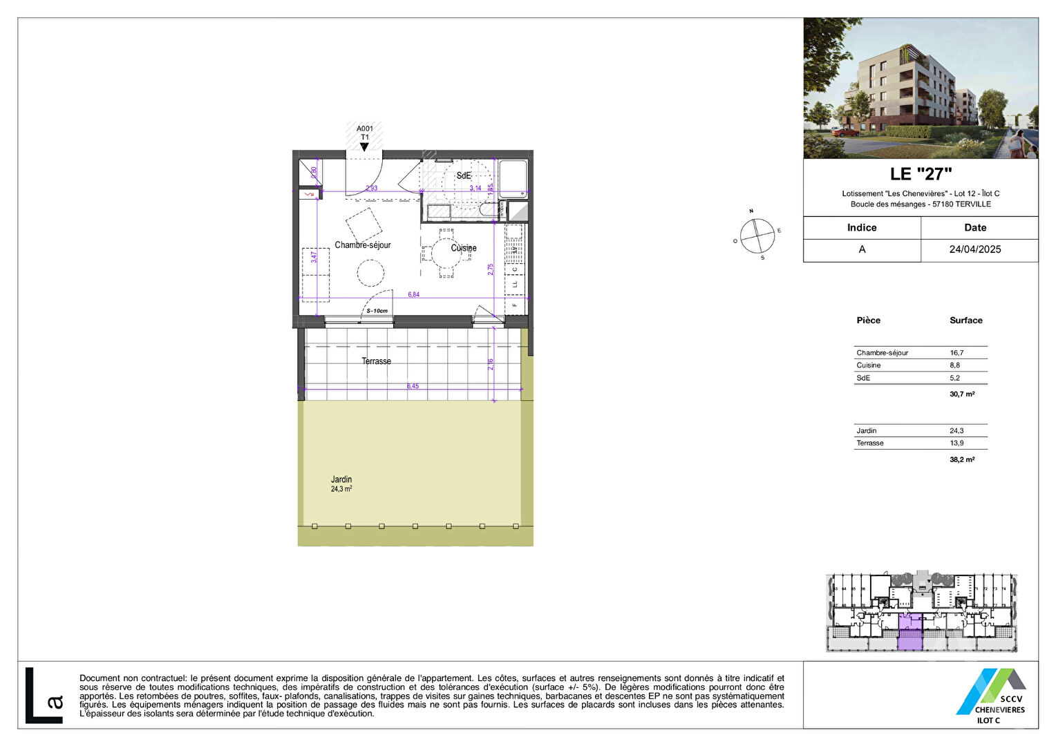 Magnifique Studio neuf de 30m2 avec terrasse (13m2), jardin (24m2) et parking extérieur