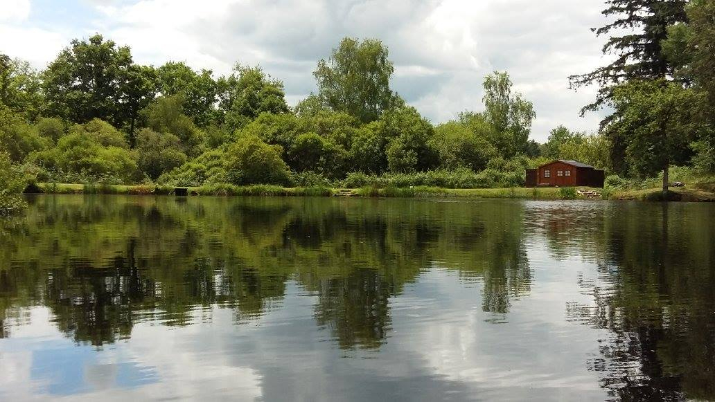 Tranquil view of a lake surrounded by greenery in Haute-Vienne, Nouvelle-Aquitaine, featuring a wooden property.