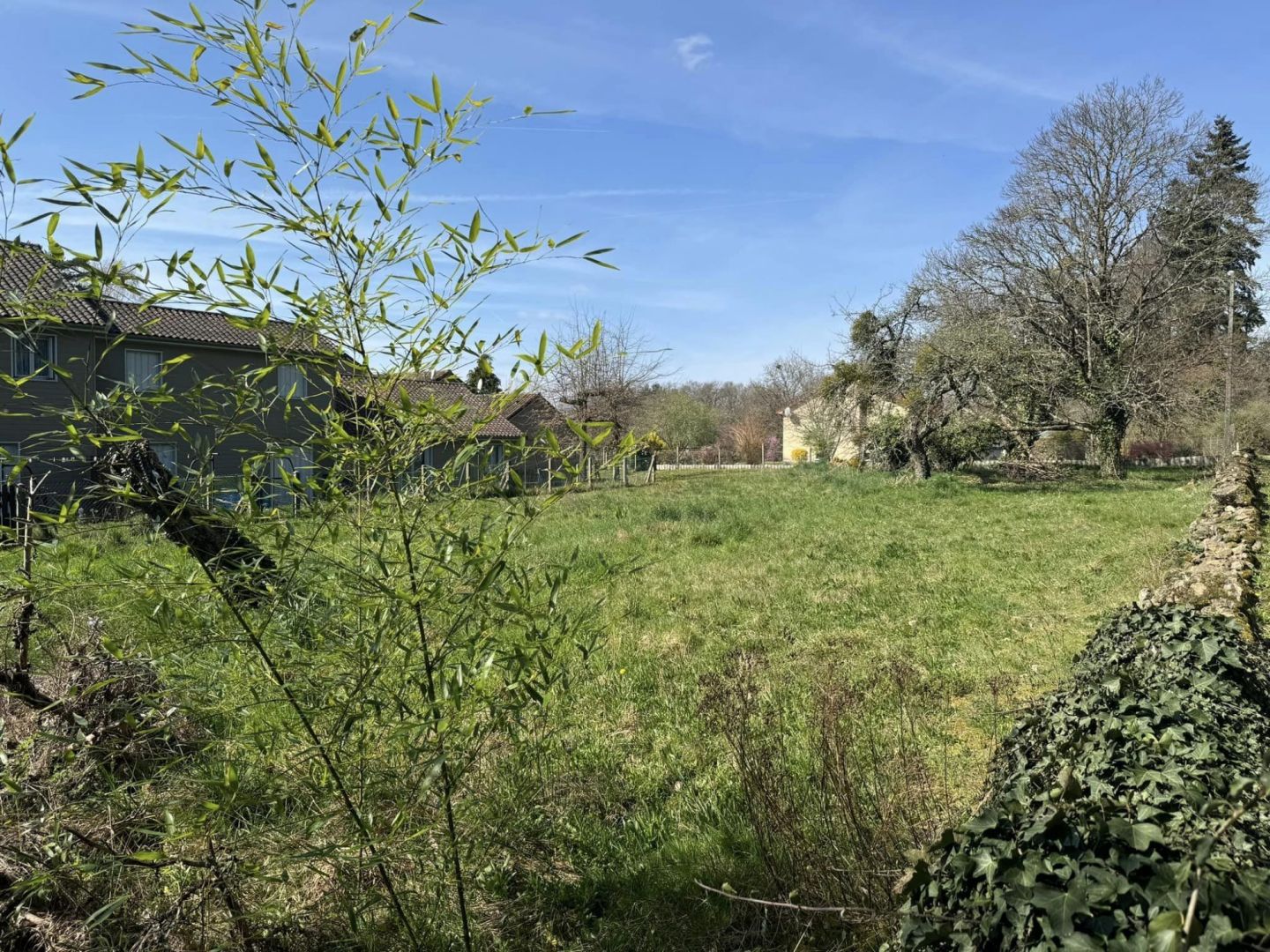 Property in Haute-Vienne, Nouvelle-Aquitaine, features a spacious green area surrounded by trees and nearby houses.