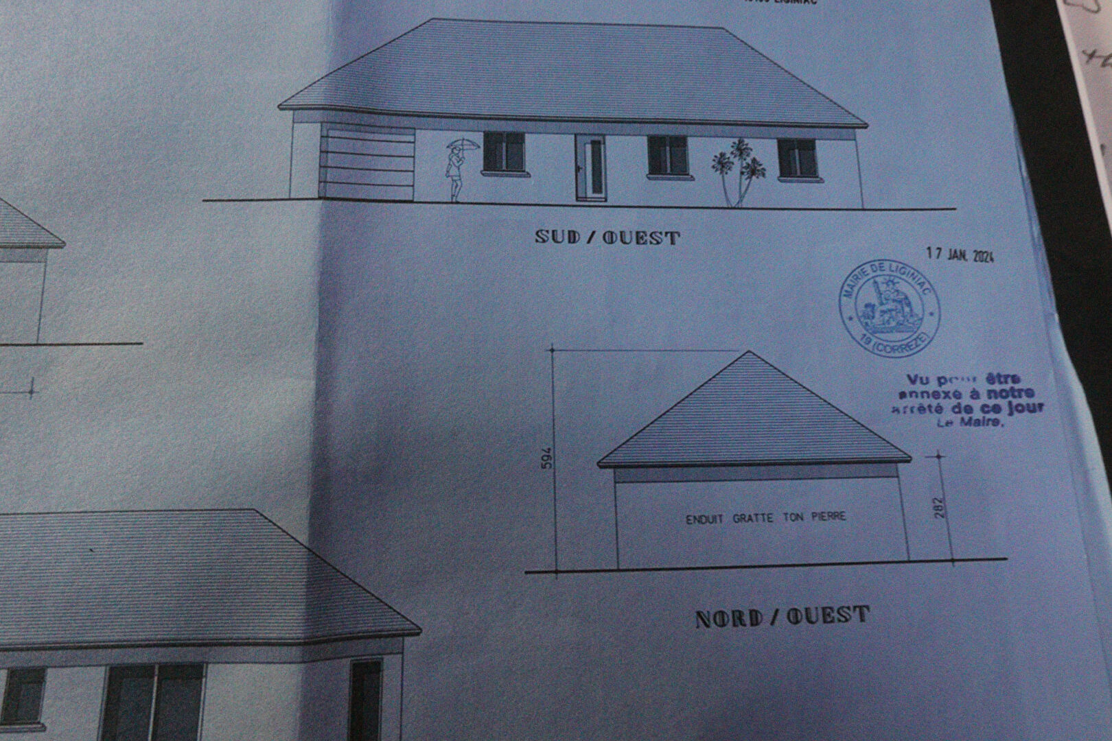 Architectural plans for a property in Corrèze, Nouvelle-Aquitaine, showcasing three-bedroom layout and exterior design.