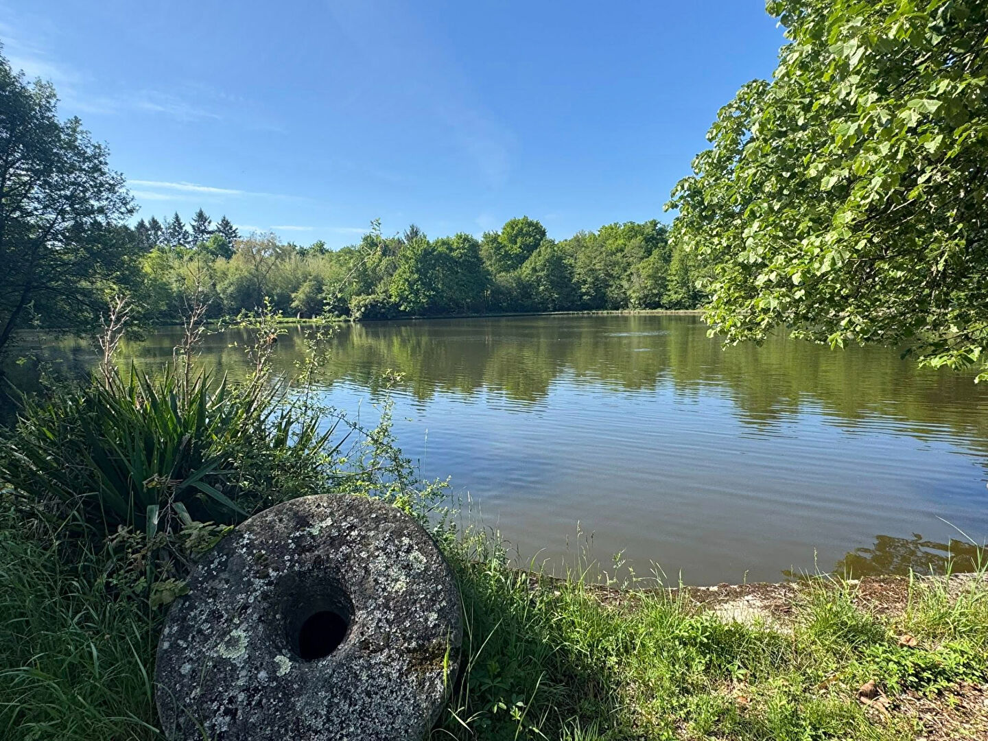 Scenic view of a tranquil lake surrounded by greenery in Haute-Vienne, Nouvelle-Aquitaine, featuring a stone mill.