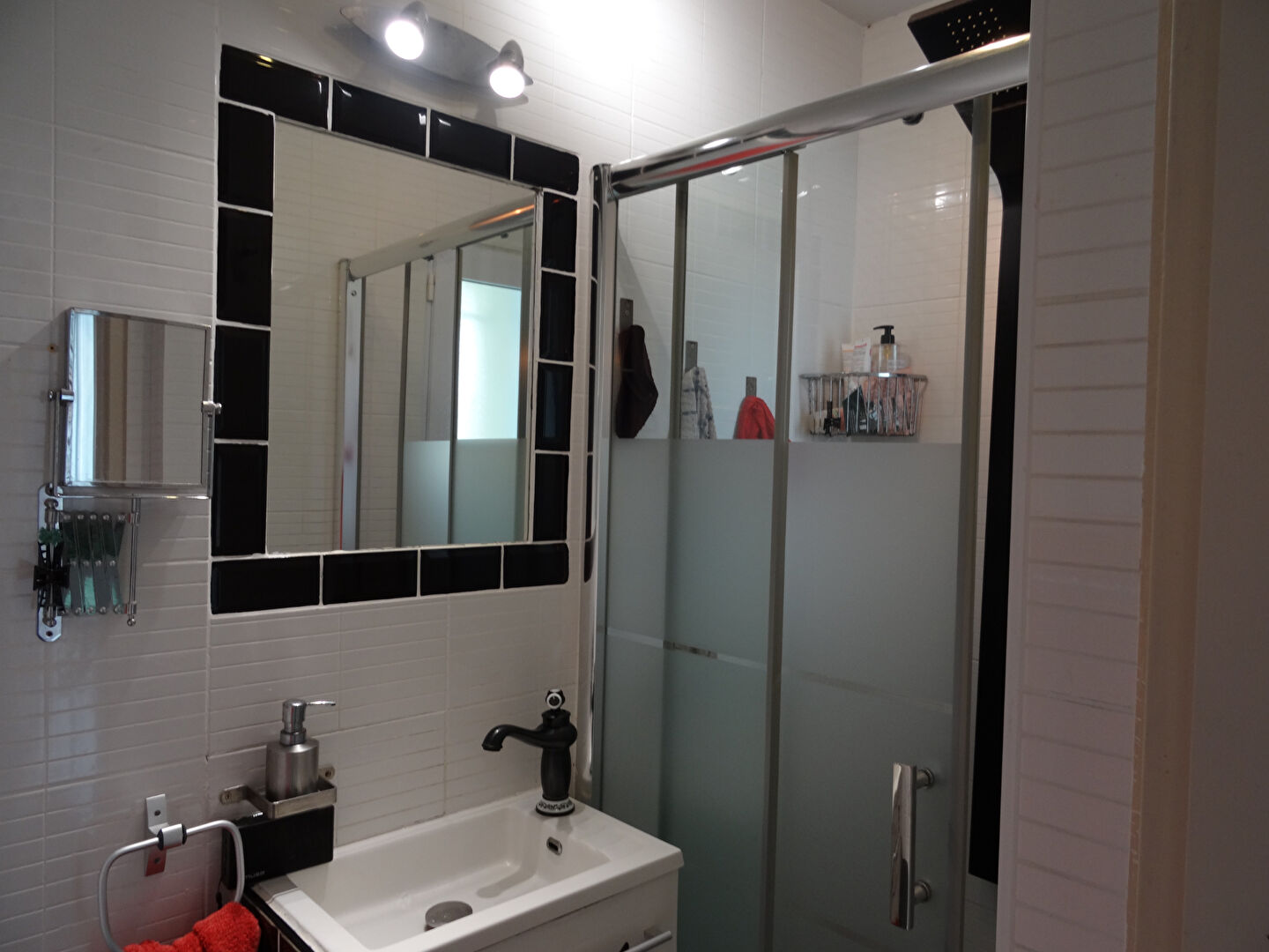 Modern bathroom featuring a shower, sink, and mirror in Vendée, Pays-de-la-Loire, 85150, France.