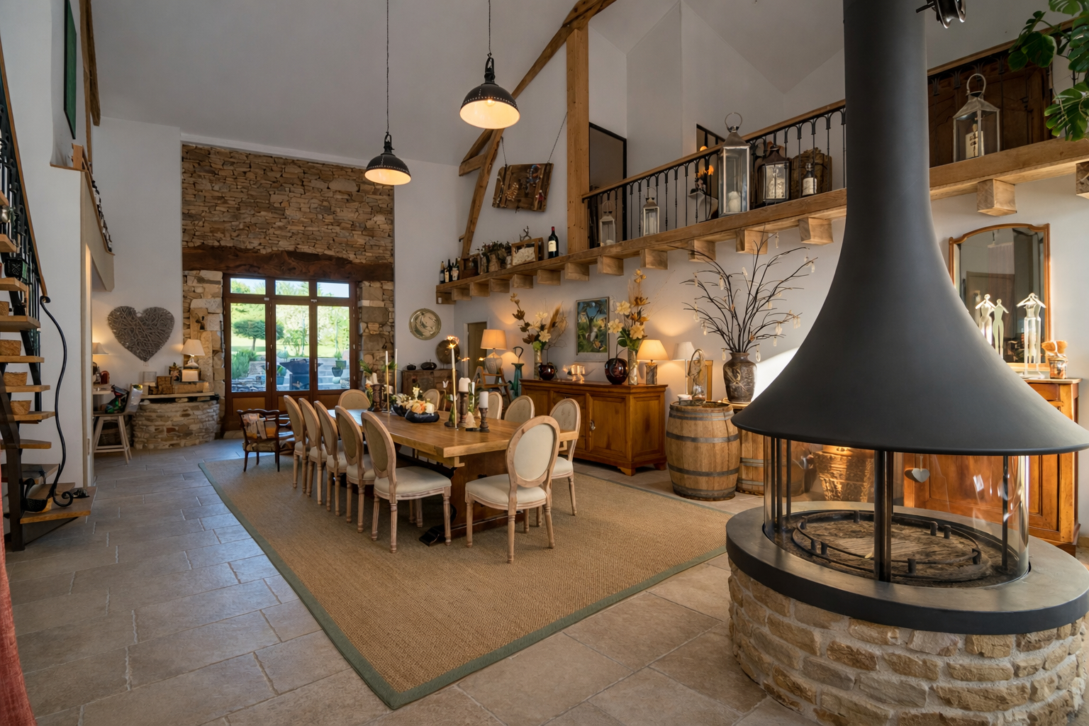 Spacious dining area with fireplace, featuring wooden accents, in a property located in Haute-Vienne, Nouvelle-Aquitaine.