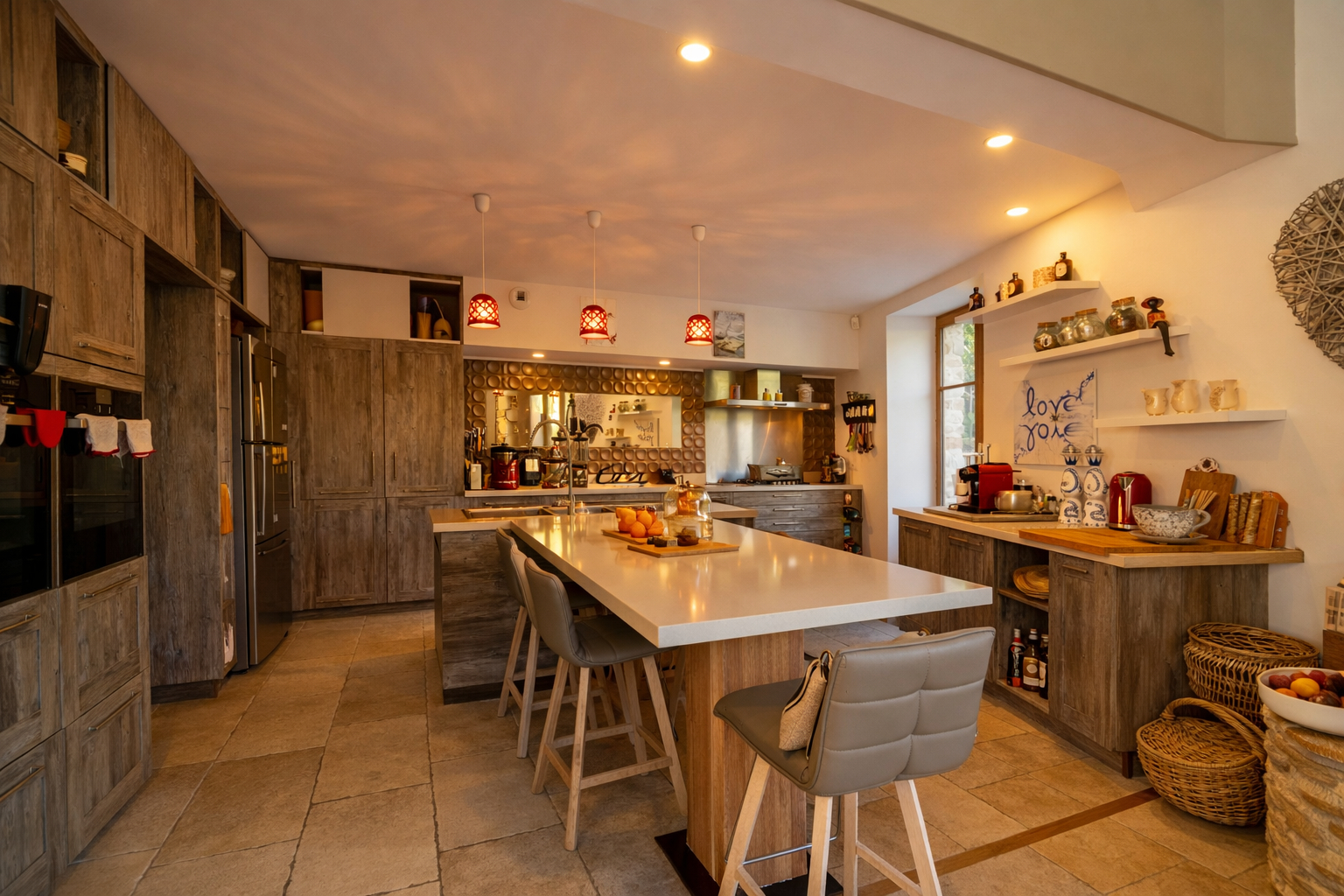 Spacious kitchen in a property located in Haute-Vienne, Nouvelle-Aquitaine, featuring modern cabinetry and ample seating.