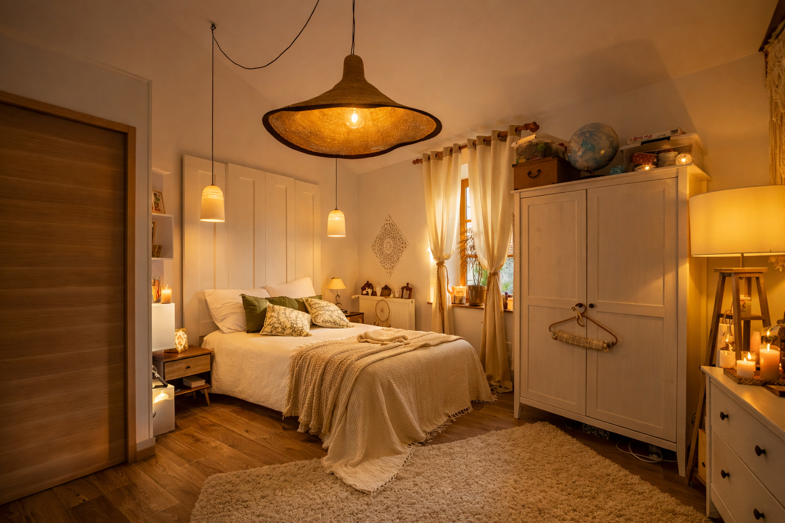 Spacious bedroom in a property located in Haute-Vienne, Nouvelle-Aquitaine, featuring warm lighting and wooden accents.
