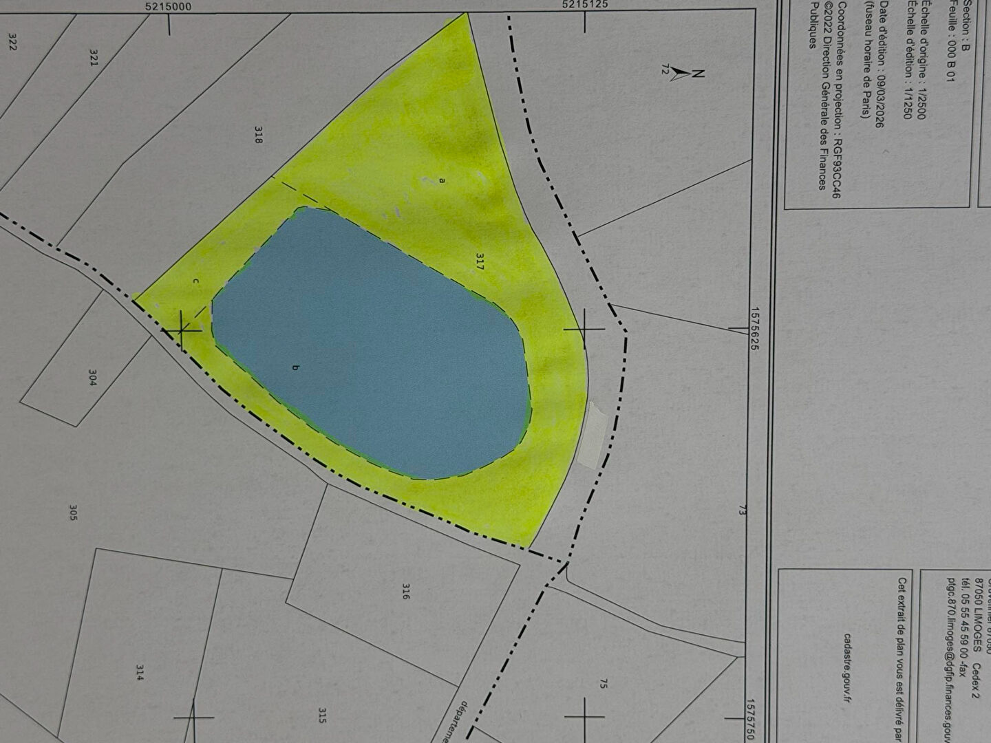 Property map showing land layout with a pond, located in Haute-Vienne, Nouvelle-Aquitaine, postcode 87250.