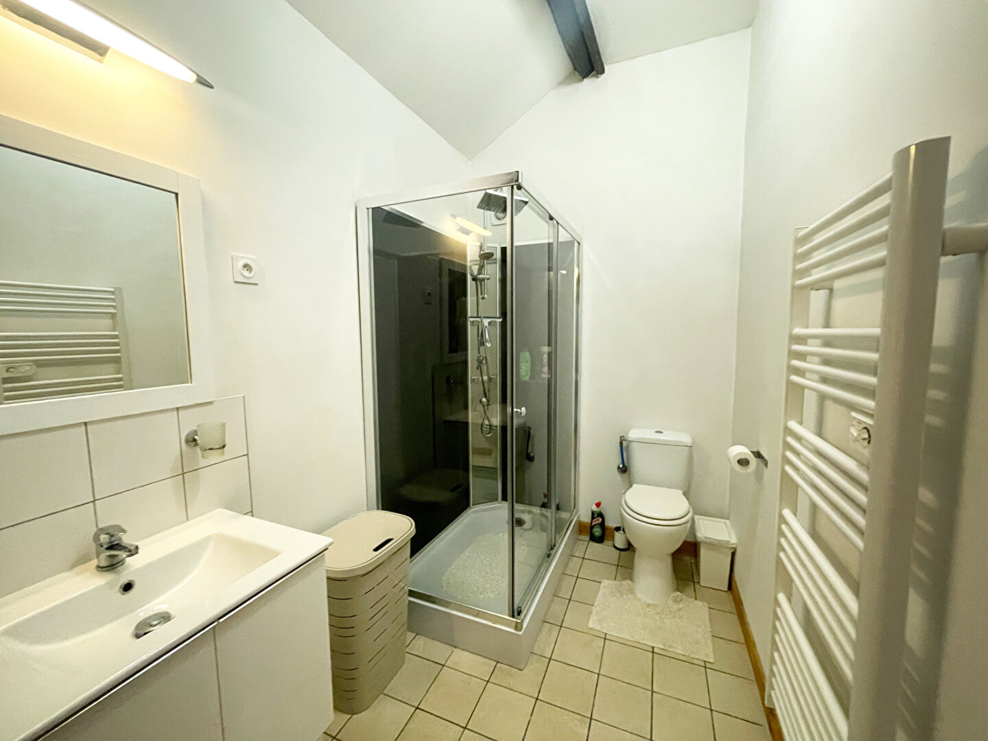 Modern bathroom with shower, sink, and toilet in a property located in Finistère, Brittany, 29690.