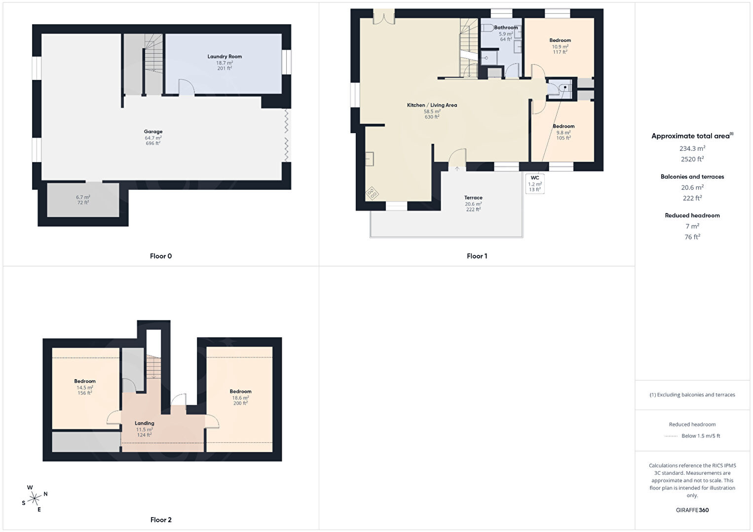 Four-bedroom property layout in Finistère, Brittany, featuring kitchen, living area, and multiple bedrooms across three