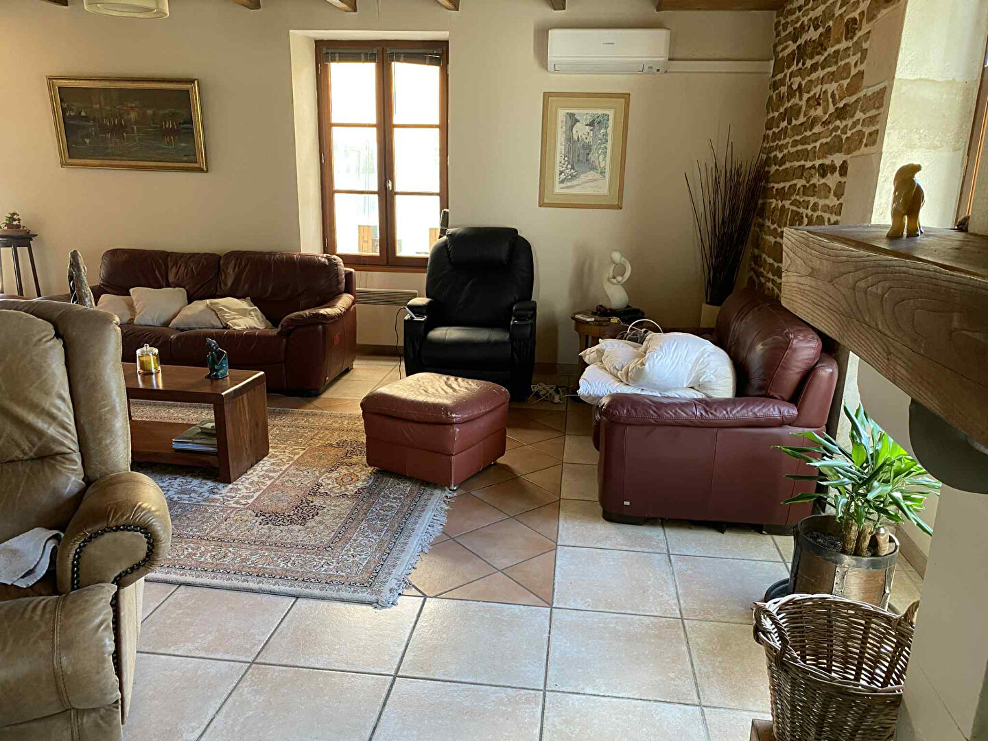 Spacious property in Charente, Nouvelle-Aquitaine, featuring a comfortable lounge with leather sofas and rustic decor.