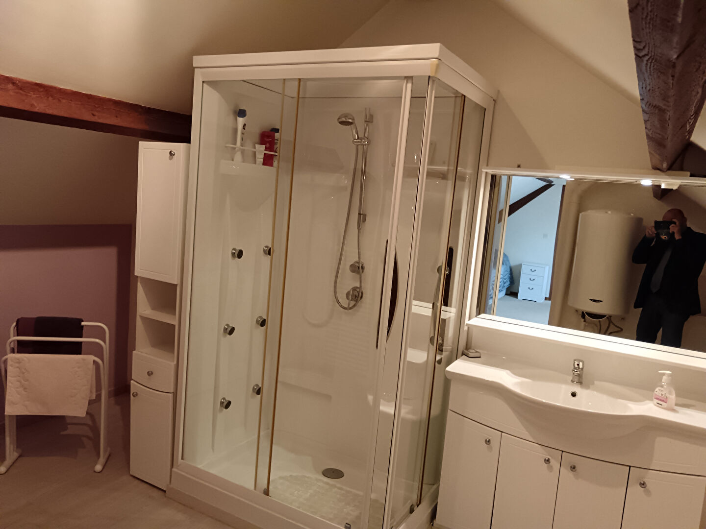 Spacious property in Manche, Normandy, featuring a modern shower and stylish bathroom fixtures.